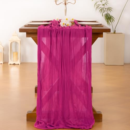 Image of Socomi 2pcs Hot Pink Spring Cheesecloth Table Runner Fuchsia Boho Rustic Gauze 120 inch 10FT Cheese Cloth Runner for Wedding Party Baby Shower Birthday Home Decor