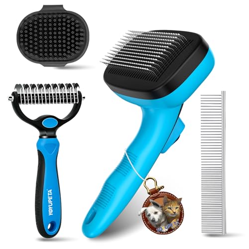 Image of 4Pc Self Cleaning Dog Brush Kit, Pet Shedding Grooming Tool, Blue | Skin friendly gentle massage beads; ideal for short long haired cats; removes loose fur, undercoat, mats & tangled hair.