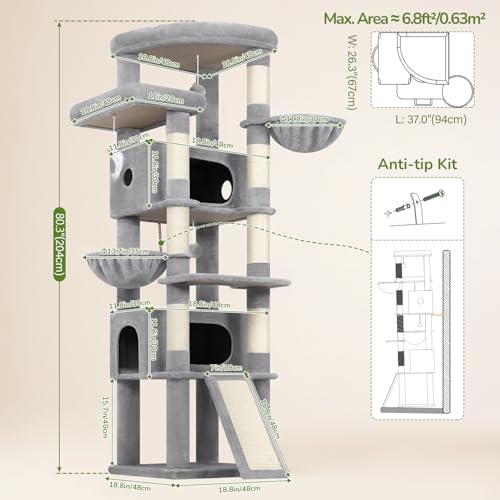 Image of Globlazer Extra Large Heavy Duty Cat Tree, 80in Tall Sturdy Cat Tree Tower for Multiple Indoor Cats Large Adult with Scratching Posts, 2 Spacious Condos with Padding, 2 Soft Perches, S80C, Light Grey