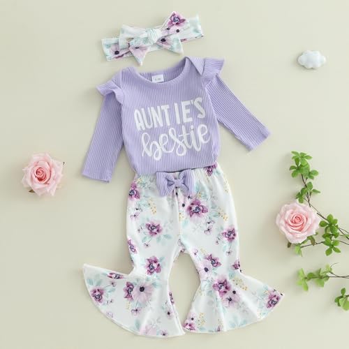 GINEVSALNewborn Baby Girls Fall Clothes Mommy is My Bestie Letter Print Long Sleeve Romper Floral Long Pants Headband Set2