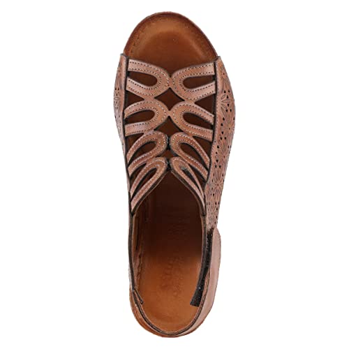 Image of Spring Step Inocencia Women's Leather Wedge Sandals | Low Heel Sandals for Women with Floral Laser Cut Design, Hook and Loop Strap, Mediterranean Style