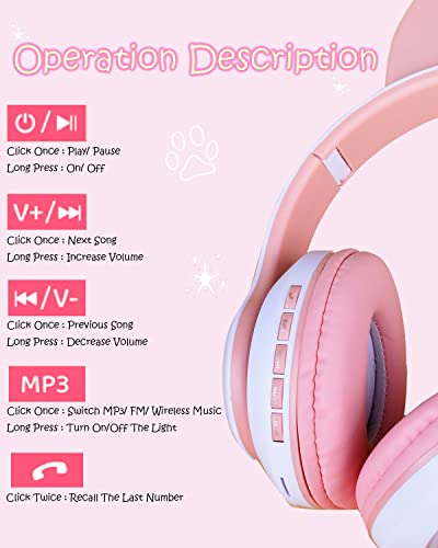 Megadream Wireless Headphones for Kids Cat Ear Foldable Bluetooth Earphones Flashing LED Light Up Over Ear Headset with Microphone for iPhone/iPad/Tablet - Image 4