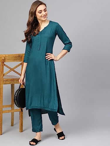 Image of idaLia Rayon Solid Straight Kurta with Pant Set - Women Kurta Set for Wedding, Formal Occasions - 3 /4 Sleeve, Calf Length, Round V Neck, Fusion Wear