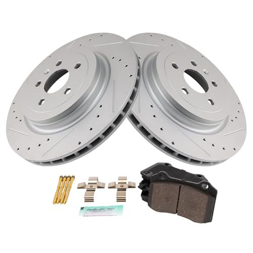 Image of TRQ Performance Rear Brake Pad and Rotor Set Ceramic Coated Slotted Drilled Compatible with 2012-2016 Tesla S