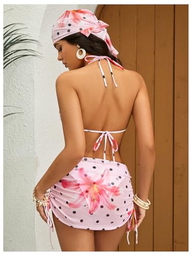 Image of RoseSeek Women's 4 Piece Polka Dots Bathing Suits Cover Up Skirt & Bandana