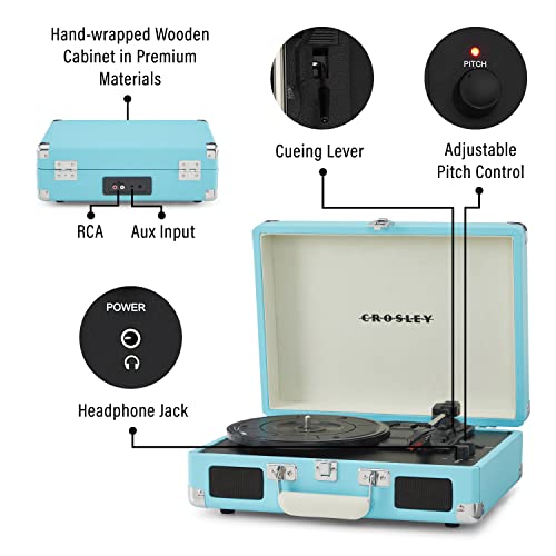 Image of Crosley CR8005F-TU Cruiser Plus Record Player, Turquoise | 3-Speed Turntable, Bluetooth In / Out, Built-in Stereo Speakers, Isolated Internal Speakers Minimize Vibration