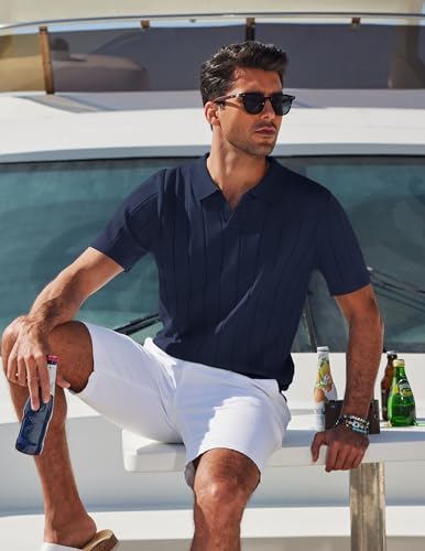 Image of COOFANDY Mens Polo Shirts Short Sleeve V Neck Knit Shirts for Men Casual Old Money Clothes Mens Golf Shirt