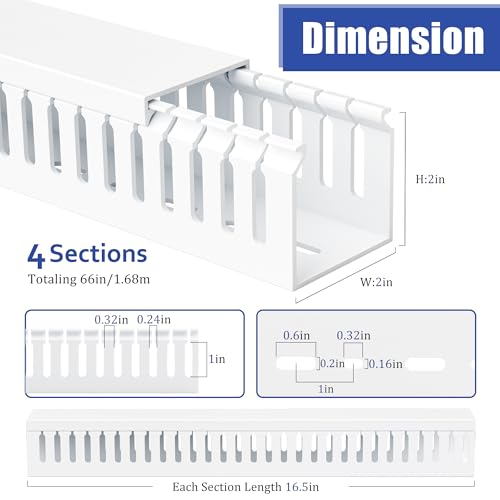 Image of 2 inch H x 2 inch W Cable Raceway, 66in Under Desk Wire Management Channel, White | Slotted Wire Duct, 4Pack, 16.5in Each, Heavy-Duty PVC Cable Management for Server Racks, Network Cables & Electrical Cabinets