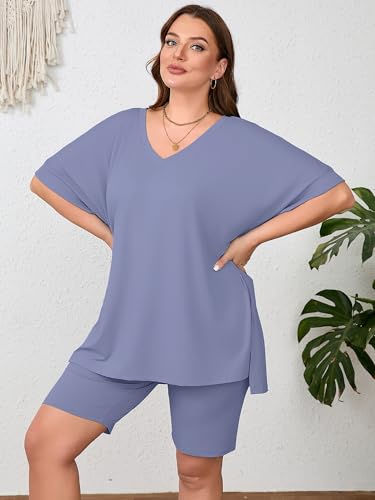 Image of AusLook Women's Plus Size 2 Piece Short Outfits Set Short Sleeve Tops and Shorts Pants Lounge Jogging outfits Matching Set