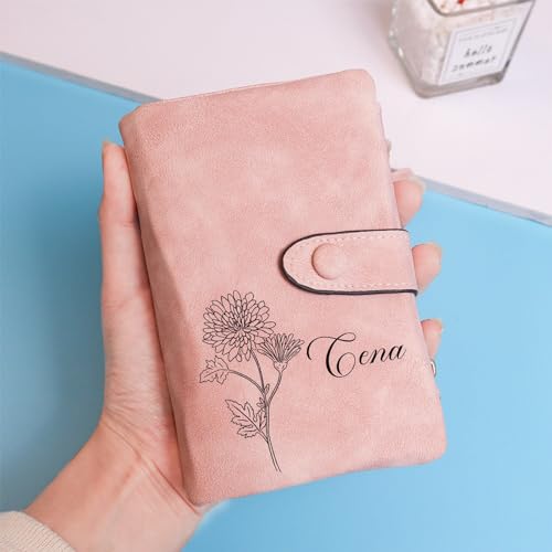 Graduation Gifts for Women Girls - Personalized Birth Month Flower Wallet - Pink Leather Wallet Mothers Day Birthday Gifts for Mom, Purse with Wrist Strap2