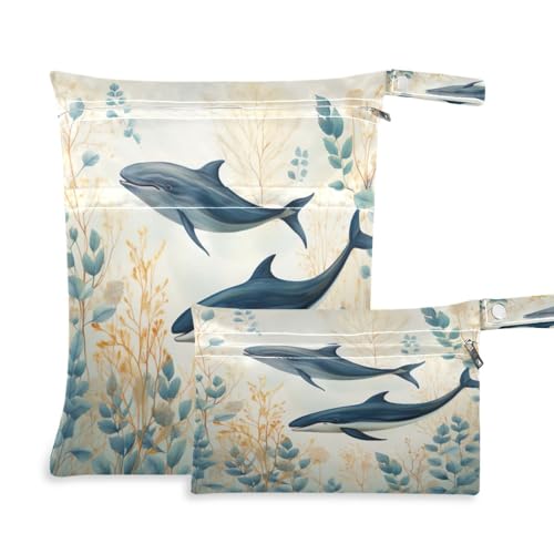 Ewusp Wet Dry Bags for Baby Cloth Cute Whale Waterproof Reusable Wet Bags with 2 Zippered Pockets for Travel Beach Pool Stroller Gym Swimsuits Wet Clothes (2 Pack)