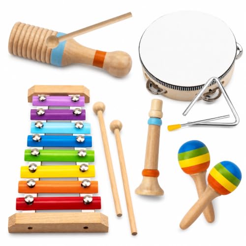 Montessori Wooden Musical Instruments for Toddlers Educational Baby Drum Set with Xylophone & Maracas and More Music Toys for Toddler Preschool