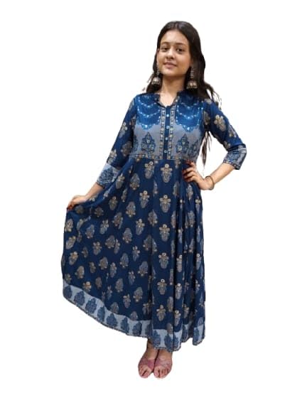 Women's Navy Blue Printed Anarkali Kurta | 3/4 Sleeves | Round Neck | Ethnic Maxi Dress for Casual-picture-50