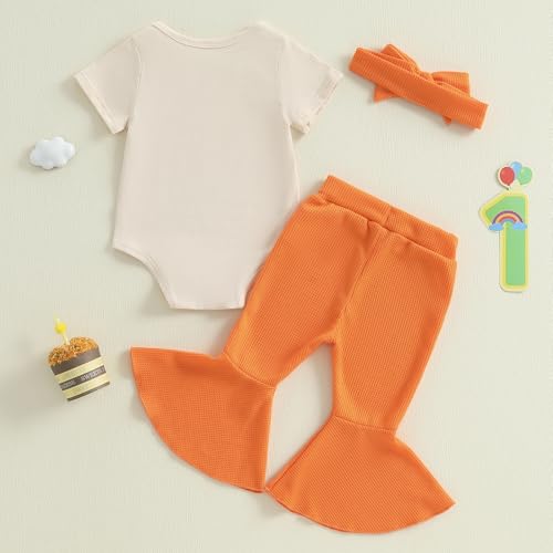 Newborn Half Way To One Baby Girl Outfit Short Sleeve Romper T Shirt Ribbed Knit Flare Pants Headband Set 3Pcs Summer4