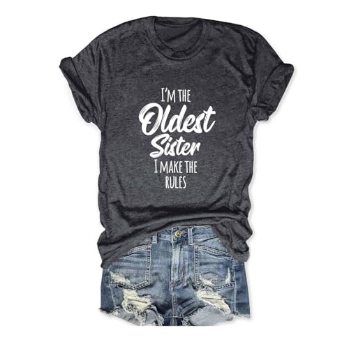 Image of acsewater Women's Funny Cotton T-Shirt Casual Short Sleeve Blouse Crew Neck Summer Top, I'm THE Oldest Sister I Make THE Rules Slogan Printed T-Shirt