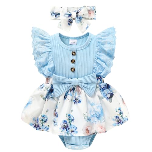 Image of Sinhoon Baby Girl Clothes Newborn Ruffled Sleeveless Romper Floral Dreesy Bodysuit Heaedband 3pcs Baby Girl Summer Clothes