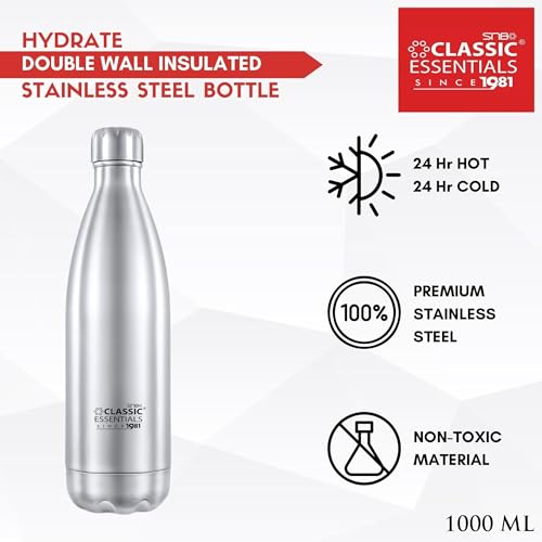 Image of Classic Essentials Insulated Double Wall Vacuum Stainless Steel Water Bottle Keep Hot and Cold,100% Leakproof Lid,Sweat Proof Water Bottles, Great for Travel Picnic & Camping (1000ml) Cola, Silver