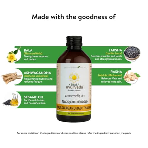 Image of KERALA ayurveda Balaswagandhadi Tailam 200ml | Improved Muscle Strength| Relieves Weakness & Tiredness After Illness | Herbal Massage Oil | With Bala, Aswagandha, Laksha, and Sesame Oil