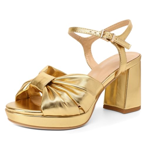 Esvowido Chunky Platform Heels for Women Open Toe Bow Heels with Ankle Strap Wedding Party Office Summer Sandals