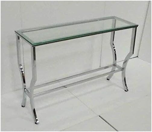 HomeStock Mediterranean Mastery Rectangular Sofa Table W/ Mirrored Shelf Chrome, Rectangular Glass Top Sofa Table, Soft Chrome Finish, Hourglass Legs, Mirrored Storage Shelves, 30"H x 43.5"W x 13.75"D