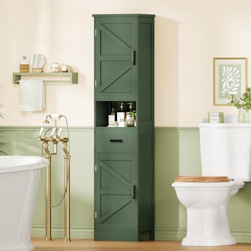 Image of TEENFON 67 inch H Tall Bathroom Storage Cabinet with Barn Doors and Drawer, Narrow Bathroom Cabinet, Narrow Storage Unit, Adjustable Shelves, Floor Cabinets for Living Room, Forest Green