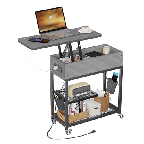 Colima Mesa auxiliar elevable con estación de carga y ruedas, mesa auxiliar estrecha de almacenamiento oculta con puerto USB, mesita de noche rodante con 4 ganchos, 2 tazas para oficina, sala de