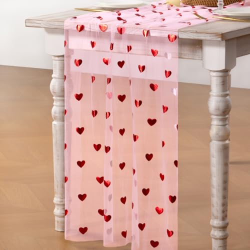 Image of MLMC Pink Heart Gauze Table Runner Glitter Valentine's Day Table Runner 120 Inch 10 FT Sheer Metallic Foil Seasonal Centerpiece for Wedding Anniversary Home Party Table Decor
