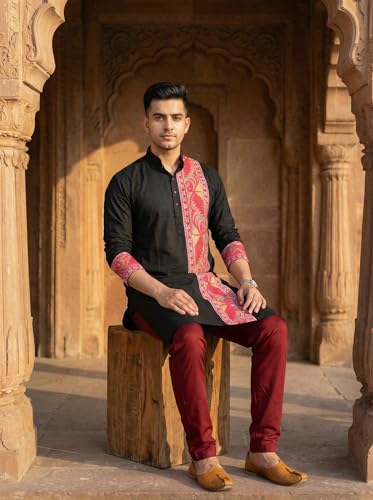 Image of Men's Jamdani Printed Kurta Pajama Set | Pure Cotton Ethnic Kurta with Mandarin Collar & Dupion Silk Pyjama | Festive & Weddings 303A12A 303SB12B(M XXL)