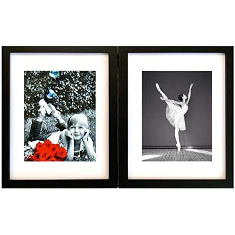 Tasse Verre 11x14 Black Folding Picture Frames With 8x10 Mats and HIGH DEFINITION GLASS - Displays Two Collage Pictures, Double Hinged Photo Frame Stands Vertically on Desktop Cover