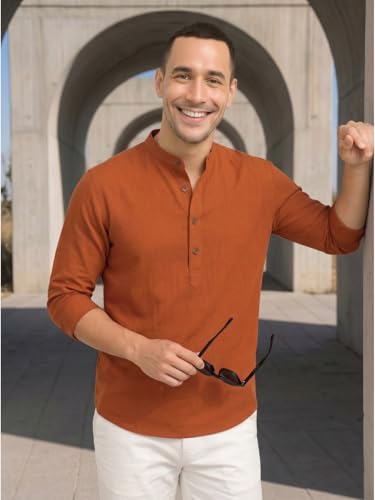 Image of DEELMO Men's Cotton Blend Solid Regular Fit Full Sleeve Short Kurta | Men's Trendy Short Kurta