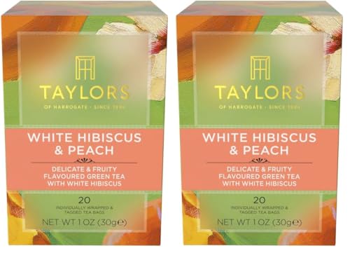 Image of Taylors of Harrogate White Hibiscus & Peach, Green Tea Individually Wrapped Bags, 20 Count, Delicate, Fruity and Sweet, Caffeinated, Enjoy Hot or Iced, 20 Teabags (Pack of 2)