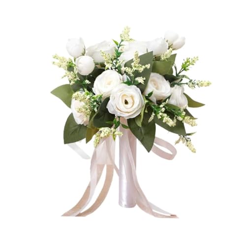 Cosiesnest Brautstrauß Hochzeits Künstliche Rosen Blumen Realistische Seidenrosen Rose Braut Brautstrauß Falsche Rosen Blumenstrauß für Haus Hochzeit Party Dekoration (Weiß)