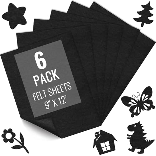 6PCS Black Felt Fabric Sheets 9" x 12" - 1.6mm Thick Soft Felt for Craft Sewing DIY Patchwork Art Projects Decorations