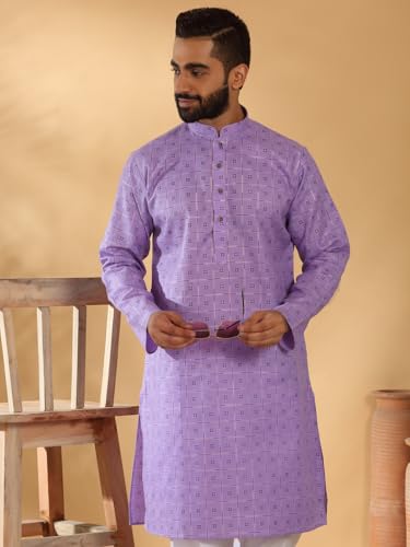 Image of KRAFT INDIA Men's Cotton Blend Geometric Printed Straight Long Regular Kurta and Elastic Waistband Pyjama Set