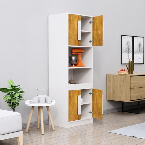 Image of Bniture Multipurpose Crockery Cabinet | Engineered Wood Kitchen Cabinet Modern with 4 Doors & Shelves | Crockery Unit for Dining Area | Kitchen Crockery Cabinet for Home | Frosty White & Giant Wood