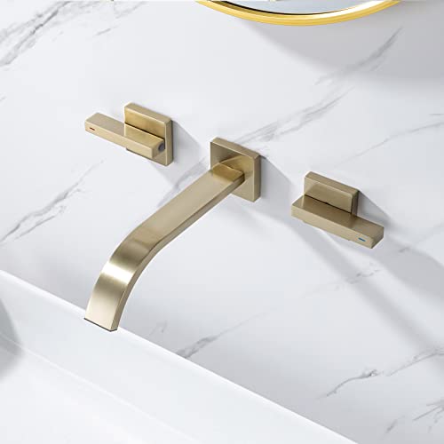 Brass Wall Faucet Brushed Gold Wall Mounted Bathroom Faucet, Wall Mount Bathroom Sink Faucet, Dual Lever Handle, Rough-In Valve Included, Pt001-Bg #TOP3