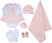Saida Maternidade Completa Recem Nascido Menino Menina 7 Peças Sanches Baby (Rosa com Branco)