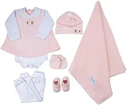 Saida Maternidade Completa Recem Nascido Menino Menina 7 Peças Sanches Baby (Rosa com Branco)