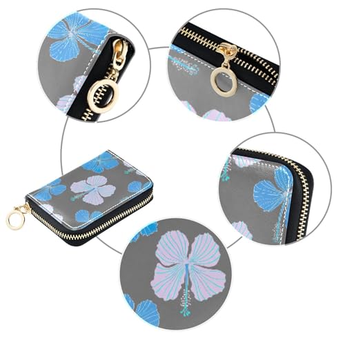Ladies Womens Wallets Zip Around RFID Blocking Credit Card Holder Blue Hibiscus Flowers Gray Zipper Wallet with Coin Pouch4