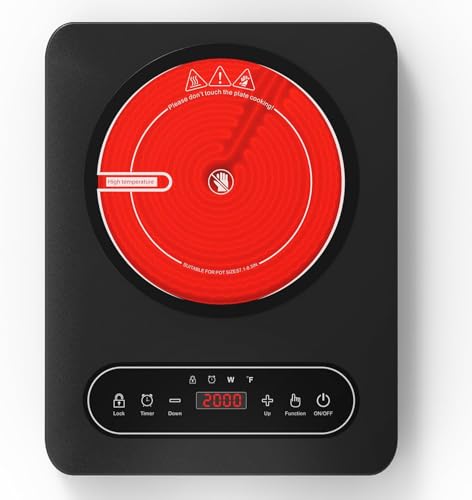 VBGK Plaque de Cuisson Vitrocéramique, 2000W Plaque Induction Posable avec 10 Niveaux, Minuterie, 220V avec Prise, Plaque Vitrocéramique avec Minuterie,...