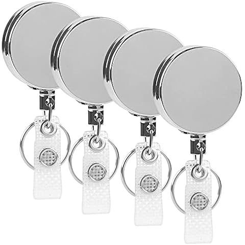 4 Pack Heavy Duty Retractable Badge Holder Reel, Metal ID Badge Reel with Clip & Key Ring for ID Key Card Badge & Name Card Keychain - Belt Clip, 27 inches Steel Wire Cord Cover