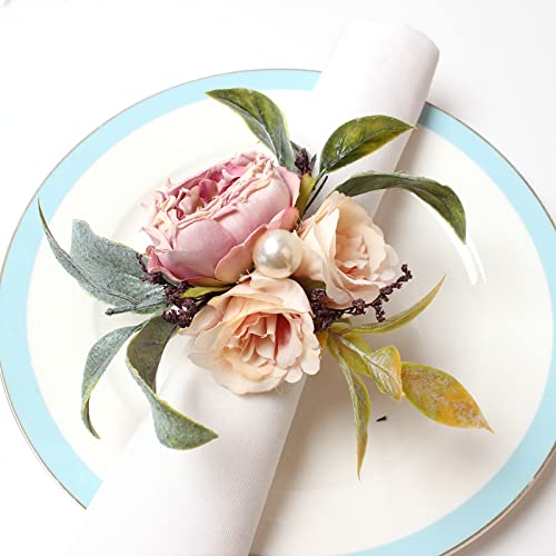 Handcraft Flower Napkin Rings Set of 6, Pink Peony Flowers Napkin Holders Floral Napkin Buckles Table Decorations for Wedding Banquet Birthday Party - Cosy Home Interiors Handcraft Flower Napkin Rings Set of 6, Pink Peony Flowers Napkin Holders Floral Napkin Buckles Table Decorations for Wedding Banquet Birthday Party - Image 3