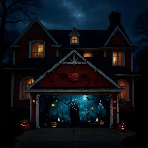Pancarta de Halloween para puerta de garaje decorativa exterior de tela resistente 4