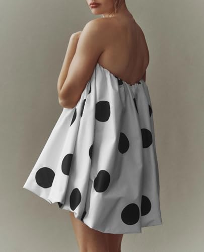 Image of Faretumiya Women Polka Dot Bubble Mini Dress Strapless Flowy Short Tube Dress Off Shoulder Y2k Balloon Dress Party Beach(