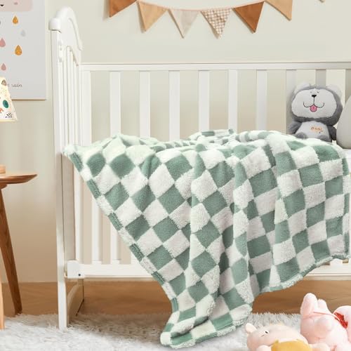 Image of HOMRITAR Checkered Baby Blanket for Boys Sage Green Soft Fluffy Fuzzy Blankets with 3D Chessboard Grid, Warmer Comfort Reversible Lightweight Bed Blanket for Toddlers Infant or Newborn 30 x 40 Inch