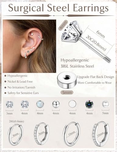 Image of Shining Diva Fashion 12 Pairs Anti Tarnish Earrings Combo Set | 14K Gold Plated | Hypoallergenic Stainless Steel Earring for Sensitive Ears | Flat Back Stud Hoop Cartilage Earring for Multiple Piercing