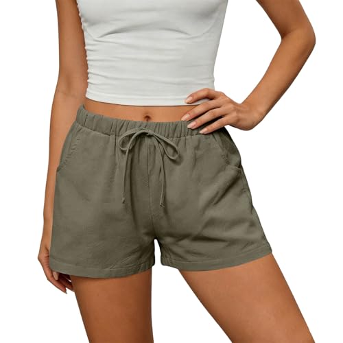 Shorts de Lino para Mujer Verano Ligeros,Pantalones Cortos de Algodón y Lino para Mujer, con Cordón y Cintura Elástica, Estilo Casual,Shorts Deportivos con Bolsillos