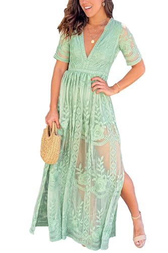 Image of LRISES Womens Lavender V Neck Embroidered Floral Lace Wedding Dress Short Sleeve Slit Bridesmaid Cocktail Party Maxi Dress