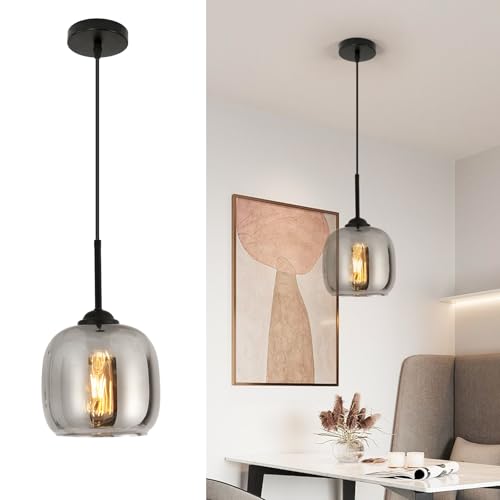 Mckalen Lampada a sospensione Moderna, Lampadario in Vetro Grigio Fumé, Filo Sospeso Regolabile, Lampadario per Cucina, Tavolo da pranzo, Camere da letto (E27, Escluse le lampadine)