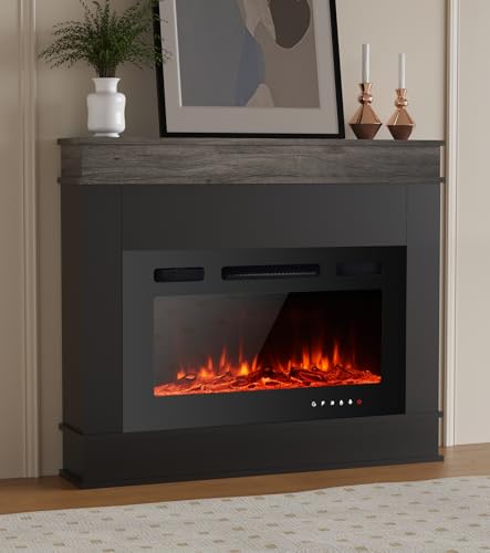 Maxhonor Electric Fireplace Inserts Freestanding Heater for The Living Room Floating Fireplace with 12 LED Colors with Logset and Stones,1500W/750W (30inch with Mantel,Black)